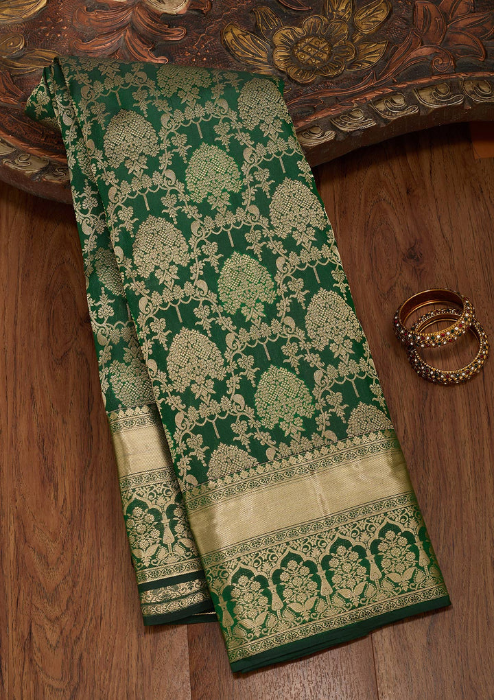 Bottle Green Silk Jaal Saree With Matching Blouse Piece