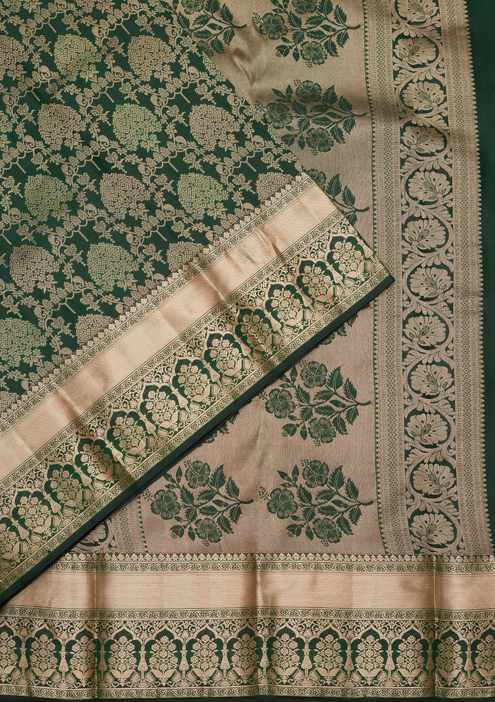 Bottle Green Silk Jaal Saree With Matching Blouse Piece