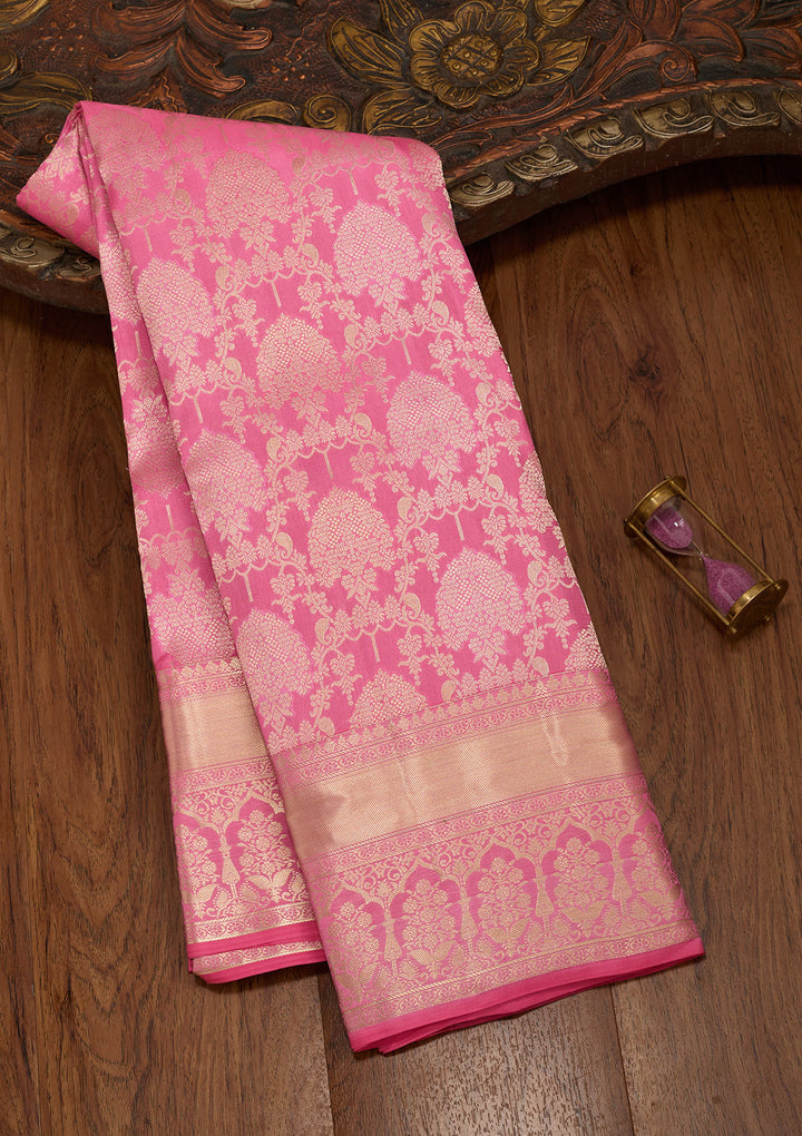 Onion Pink Silk Jaal Saree With Matching Blouse Piece