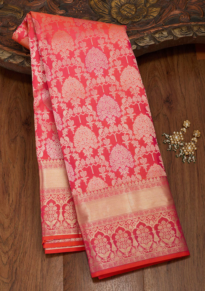Orange Pure Silk Jaal Zariwork Saree With Matching Blouse Piece