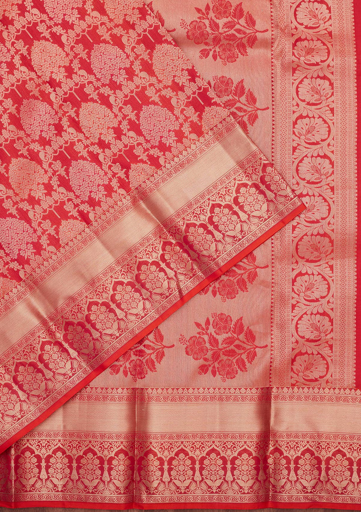 Orange Pure Silk Jaal Zariwork Saree With Matching Blouse Piece
