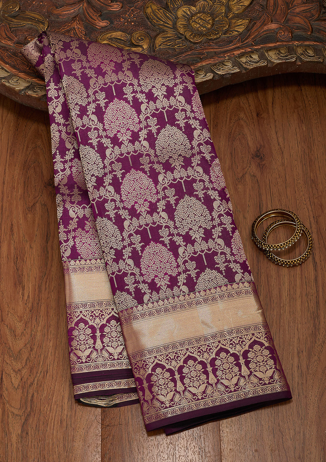 Purple Silk Jaal Saree With Matching Blouse Piece