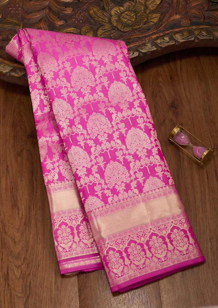 Rani Pink Pure Silk Jaal Zariwork Saree With Matching Blouse Piece