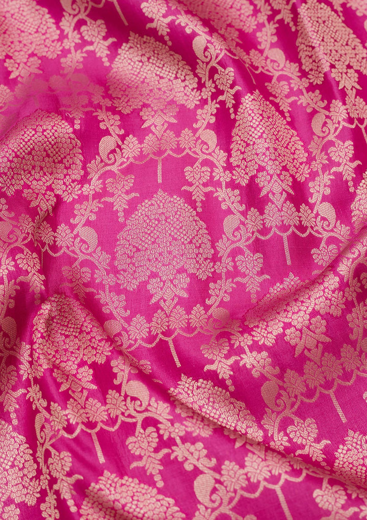 Rani Pink Pure Silk Jaal Zariwork Saree With Matching Blouse Piece