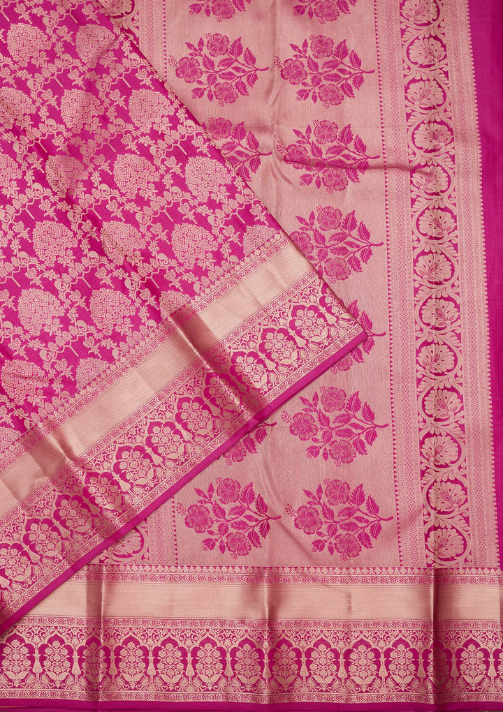Rani Pink Pure Silk Jaal Zariwork Saree With Matching Blouse Piece