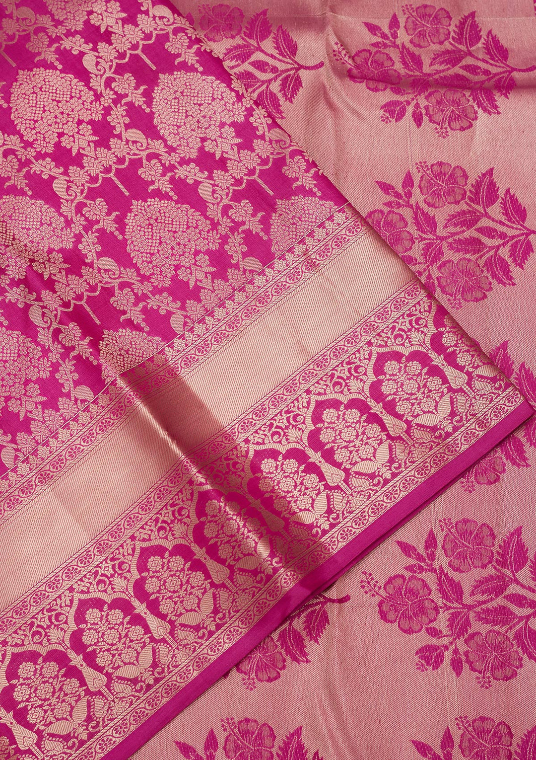 Rani Pink Pure Silk Jaal Zariwork Saree With Matching Blouse Piece