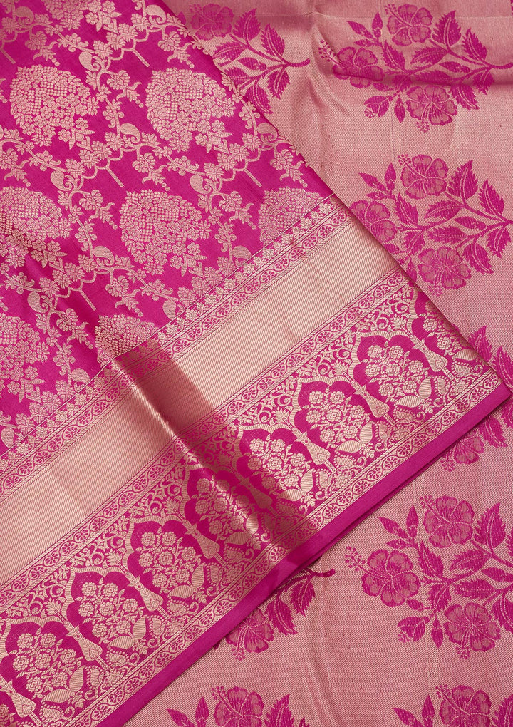 Rani Pink Pure Silk Jaal Zariwork Saree With Matching Blouse Piece