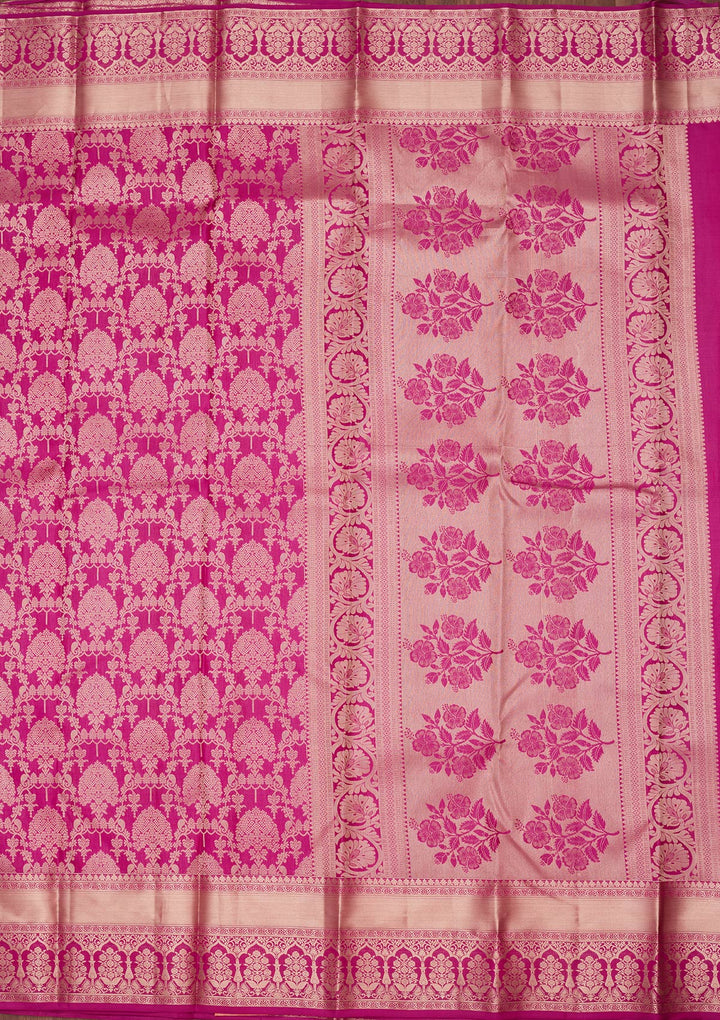 Rani Pink Pure Silk Jaal Zariwork Saree With Matching Blouse Piece