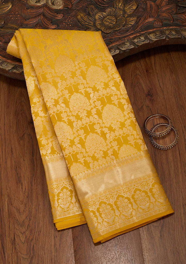 Yellow Pure Silk Jaal Zariwork Saree With Matching Blouse Piece