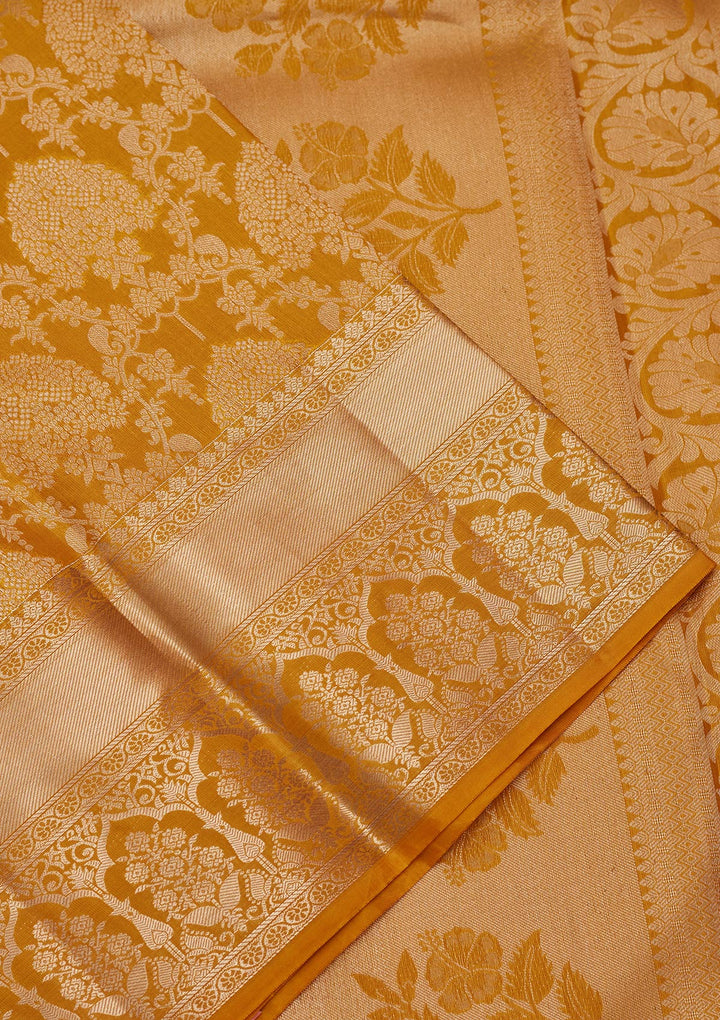 Yellow Pure Silk Jaal Zariwork Saree With Matching Blouse Piece