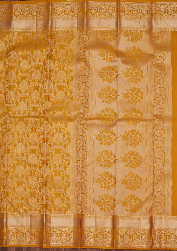Yellow Pure Silk Jaal Zariwork Saree With Matching Blouse Piece