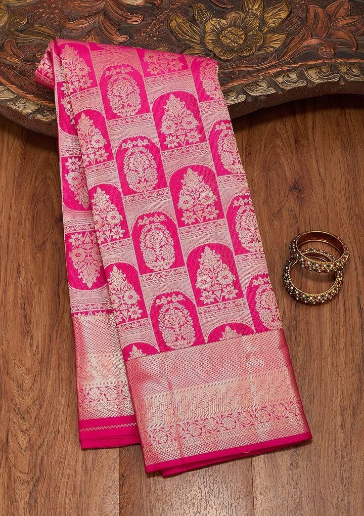 Rani Pink Silk Jaal Saree With Matching Blouse Piece