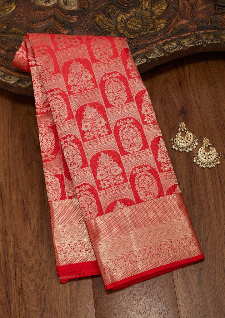 Red Pure Silk Jaal Zariwork Saree With Matching Blouse Piece
