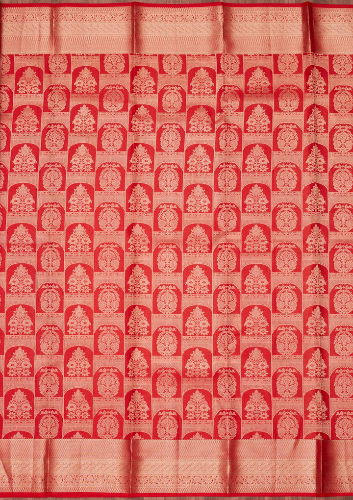Red Pure Silk Jaal Zariwork Saree With Matching Blouse Piece