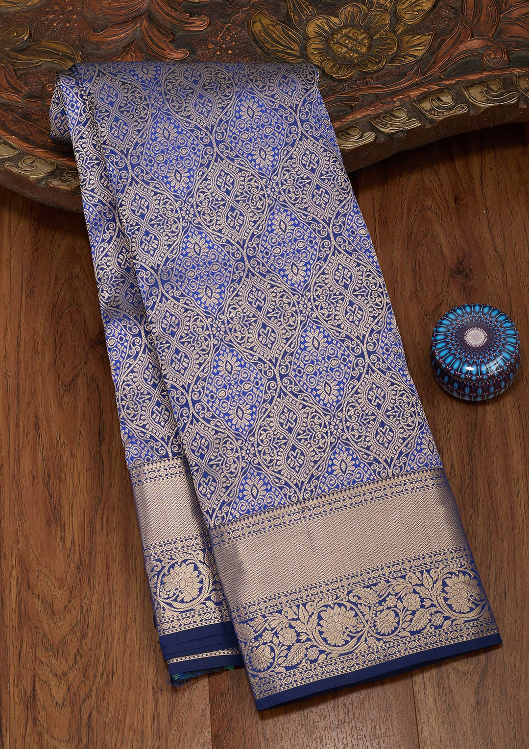 Royal Blue Pure Silk Jaal Zariwork Saree With Matching Blouse Piece