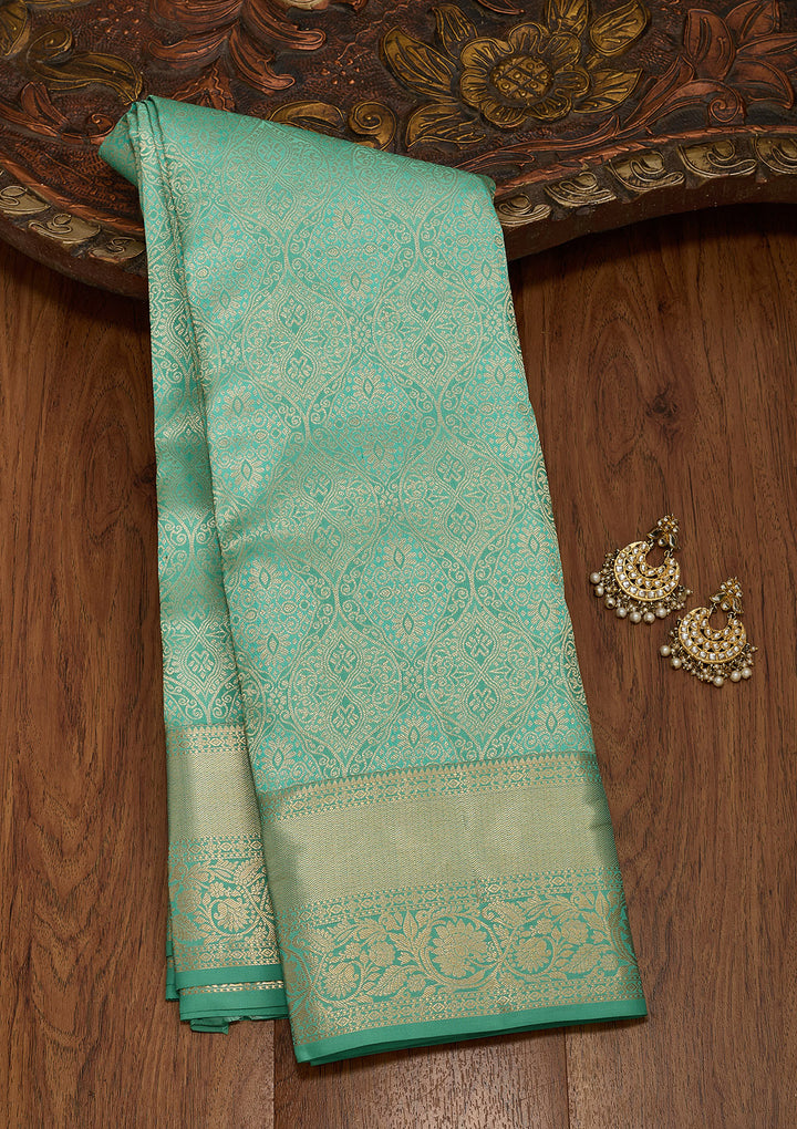 Sea Green Pure Silk Jaal Zariwork Saree With Matching Blouse Piece