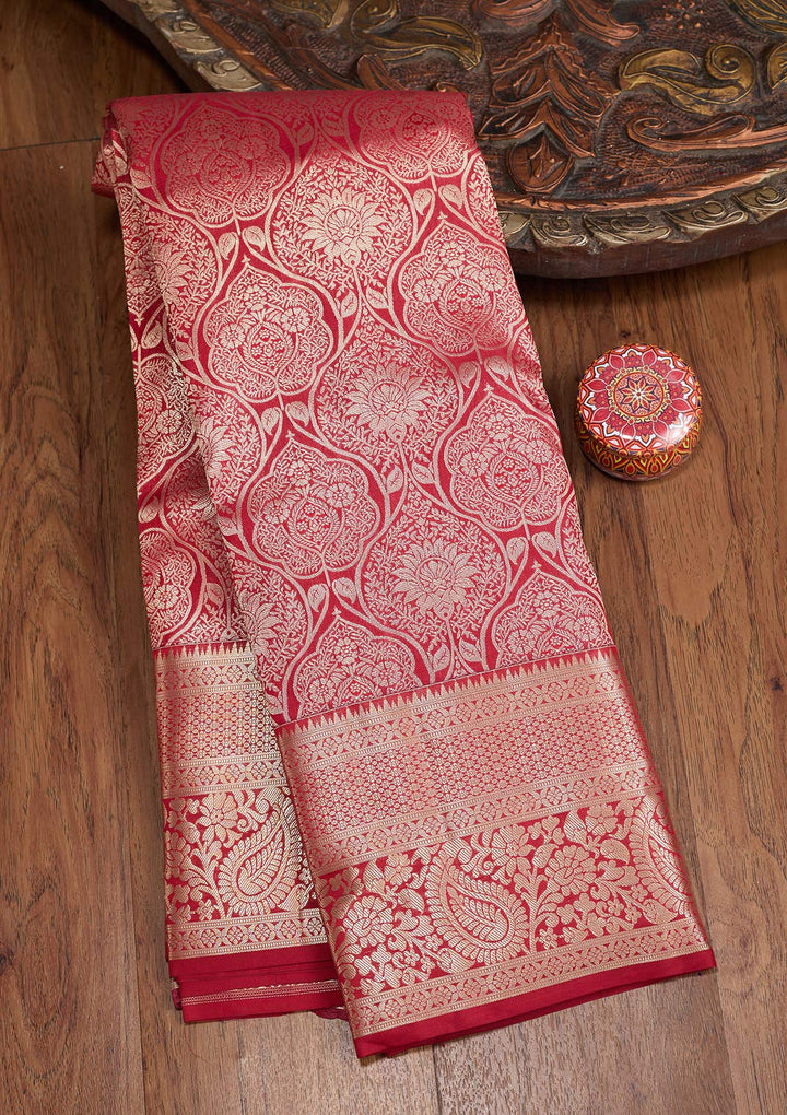 Maroon Silk Jaal Gold Zariwork Saree With Matching Blouse Piece