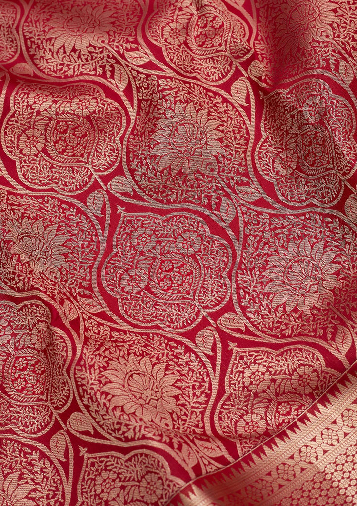 Maroon Silk Jaal Gold Zariwork Saree With Matching Blouse Piece