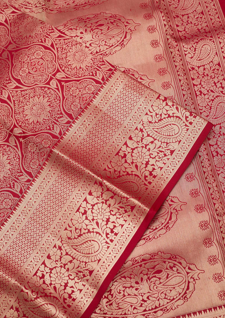 Maroon Silk Jaal Gold Zariwork Saree With Matching Blouse Piece