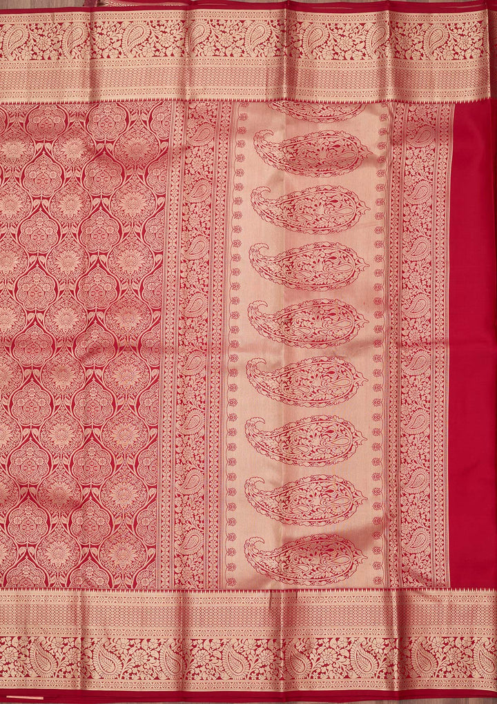 Maroon Silk Jaal Gold Zariwork Saree With Matching Blouse Piece