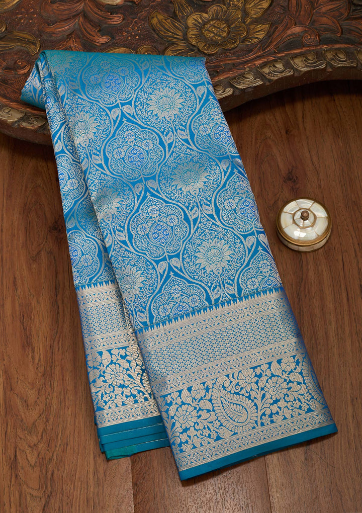 Peacock Blue Pure Silk Jaal Zariwork Saree With Matching Blouse Piece