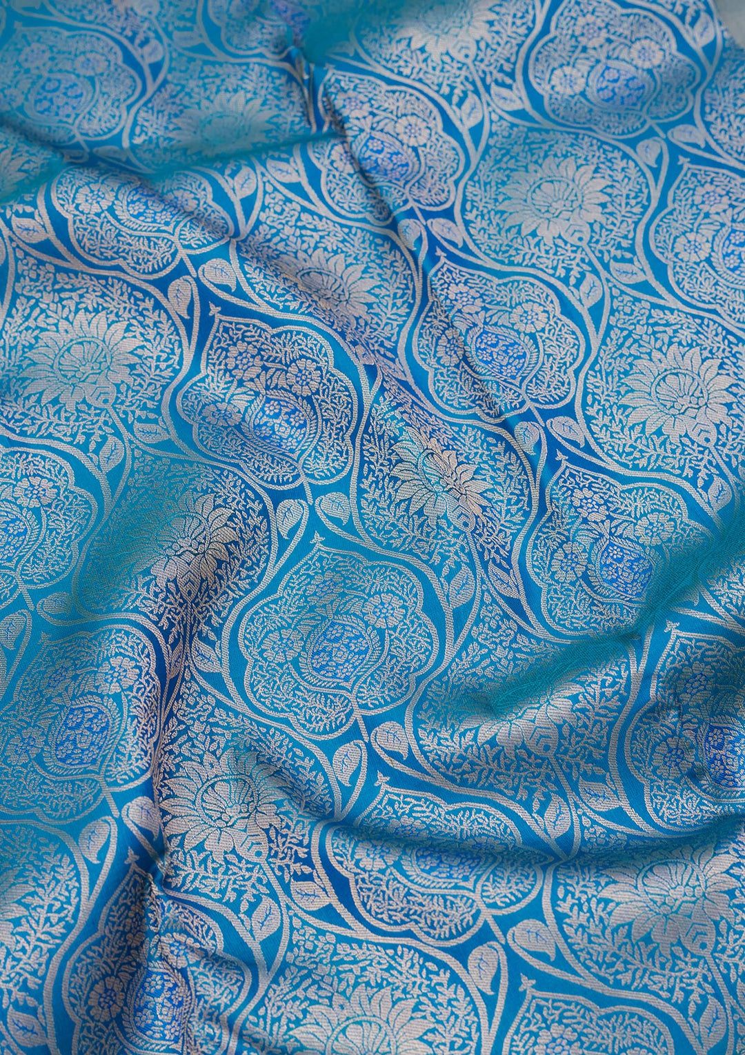 Peacock Blue Pure Silk Jaal Zariwork Saree With Matching Blouse Piece