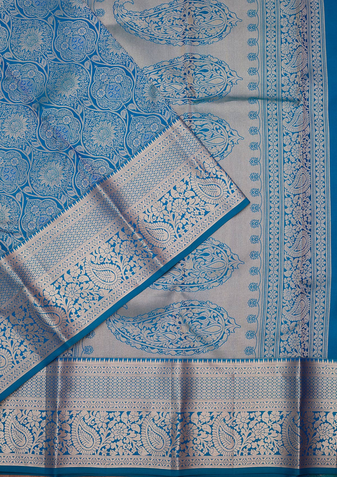 Peacock Blue Pure Silk Jaal Zariwork Saree With Matching Blouse Piece
