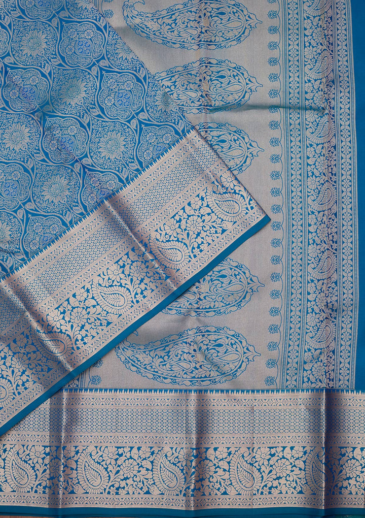 Peacock Blue Pure Silk Jaal Zariwork Saree With Matching Blouse Piece