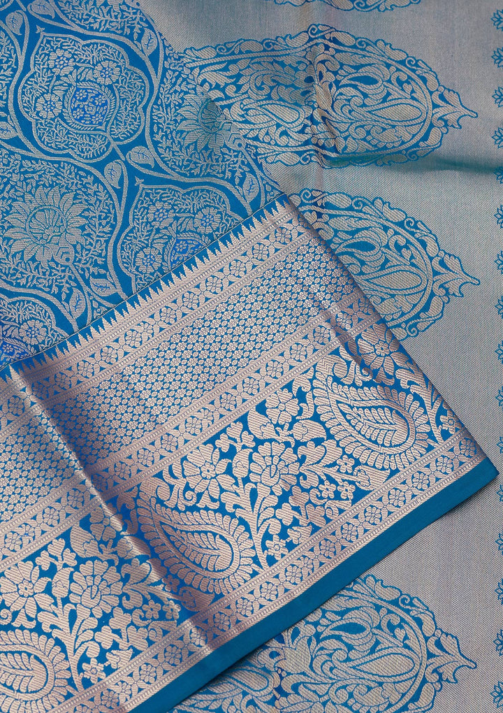 Peacock Blue Pure Silk Jaal Zariwork Saree With Matching Blouse Piece