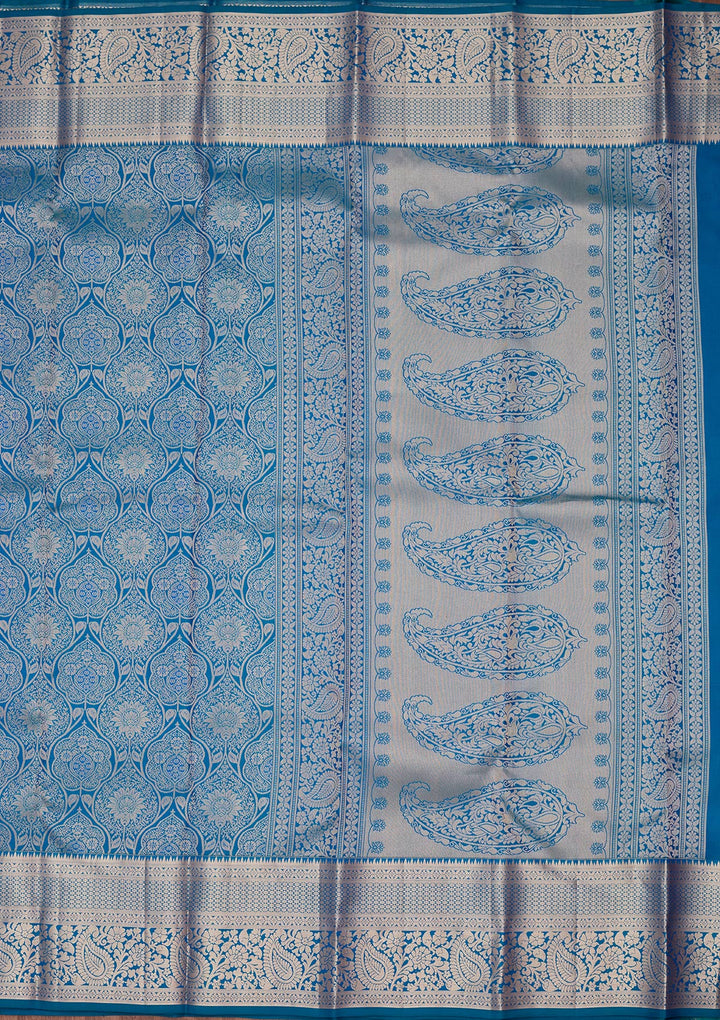 Peacock Blue Pure Silk Jaal Zariwork Saree With Matching Blouse Piece