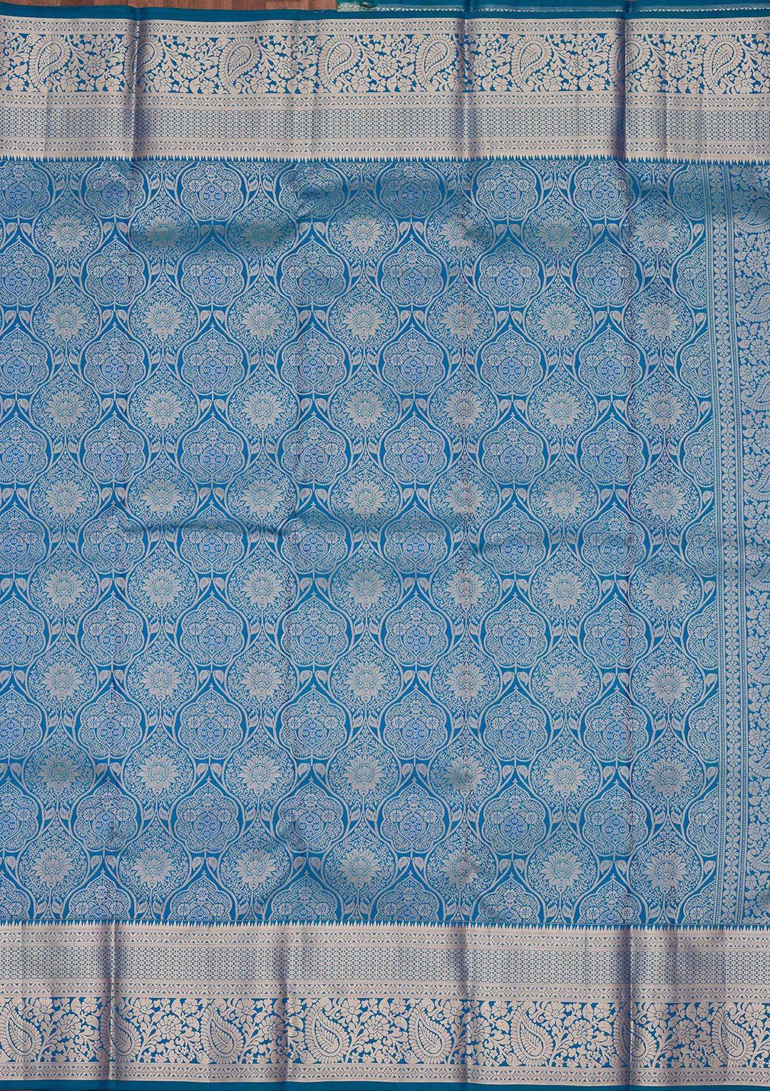 Peacock Blue Pure Silk Jaal Zariwork Saree With Matching Blouse Piece