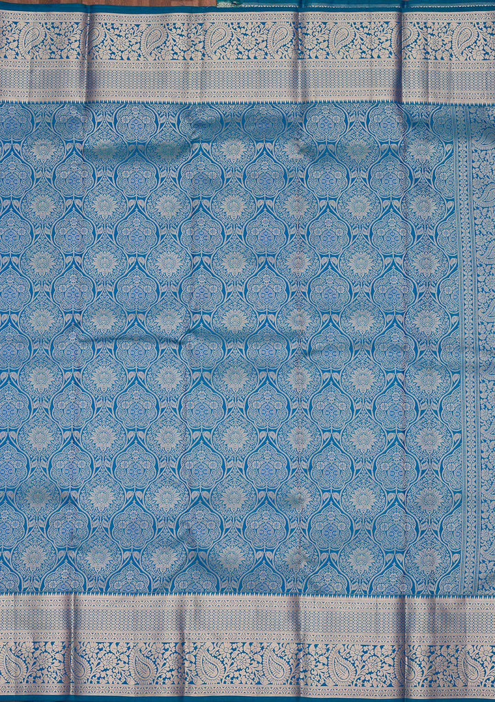 Peacock Blue Pure Silk Jaal Zariwork Saree With Matching Blouse Piece
