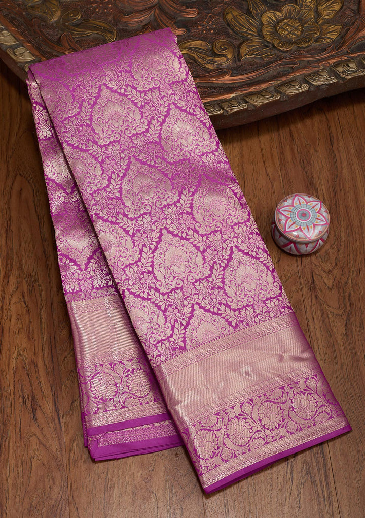 Lavender Pure Silk Jaal Gold Zariwork Saree With Matching Blouse Piece