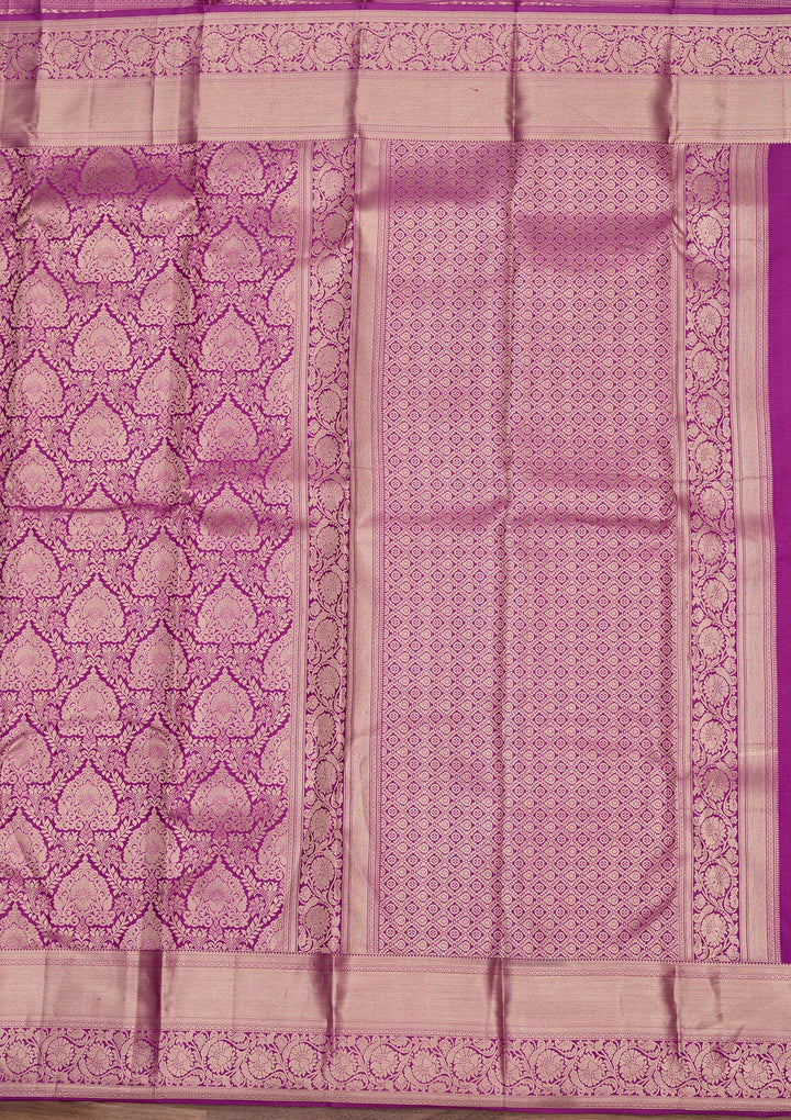 Lavender Pure Silk Jaal Gold Zariwork Saree With Matching Blouse Piece