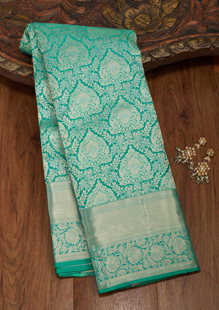 Rama Green Pure Silk Jaal Gold Zariwork Saree With Matching Blouse Piece