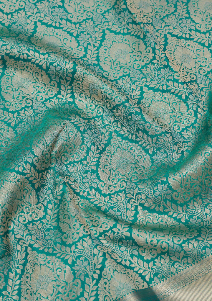 Rama Green Pure Silk Jaal Gold Zariwork Saree With Matching Blouse Piece