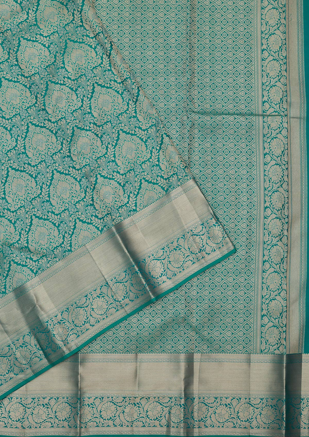 Rama Green Pure Silk Jaal Gold Zariwork Saree With Matching Blouse Piece