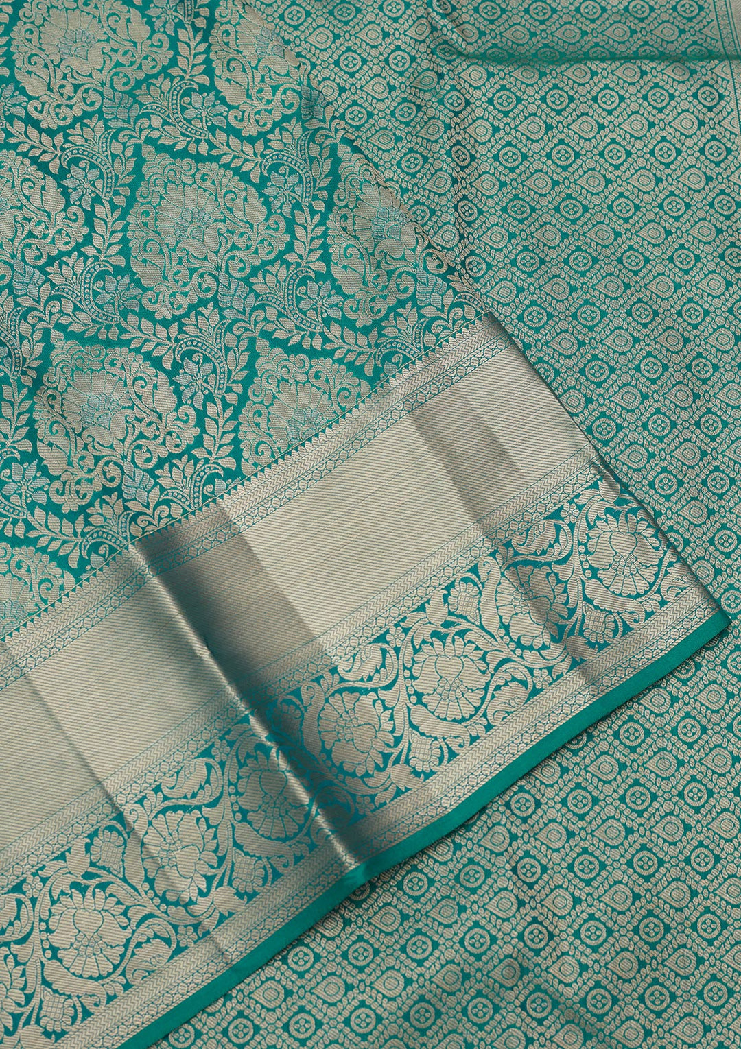 Rama Green Pure Silk Jaal Gold Zariwork Saree With Matching Blouse Piece