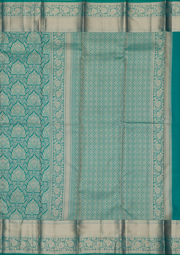 Rama Green Pure Silk Jaal Gold Zariwork Saree With Matching Blouse Piece