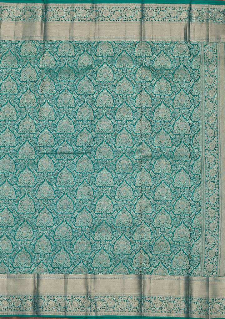 Rama Green Pure Silk Jaal Gold Zariwork Saree With Matching Blouse Piece
