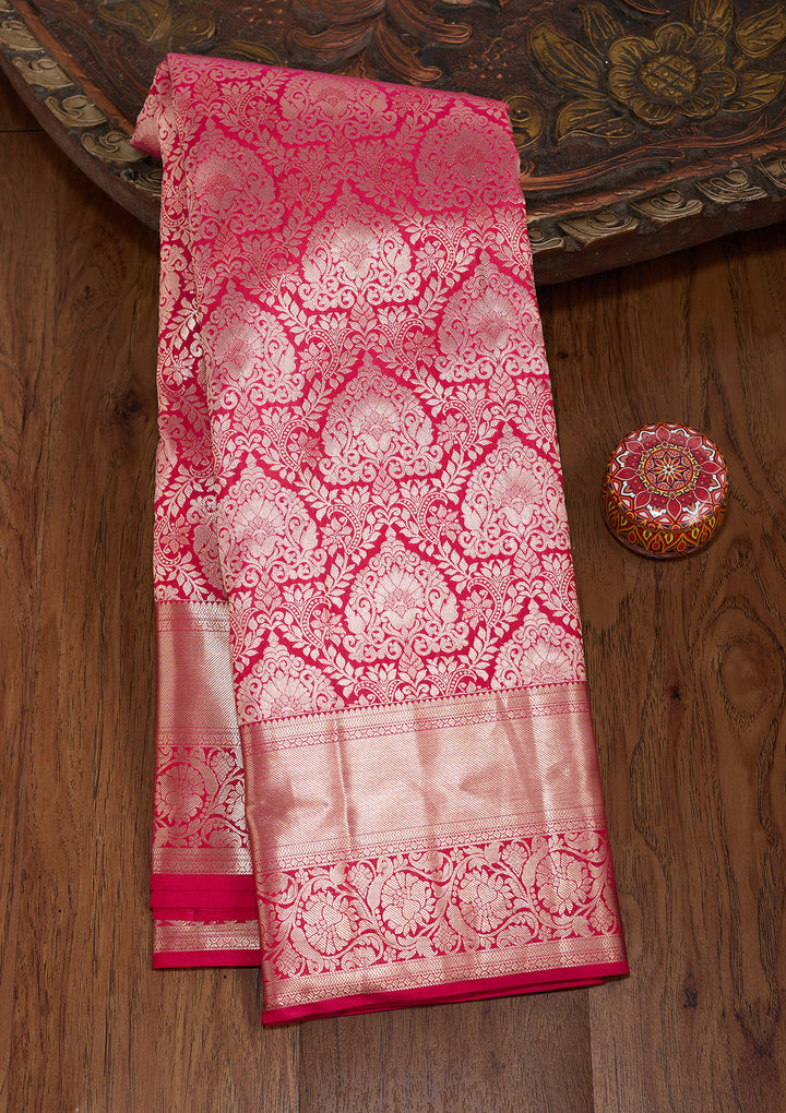 Rani Pink Pure Silk Jaal Gold Zariwork Saree With Matching Blouse Piece