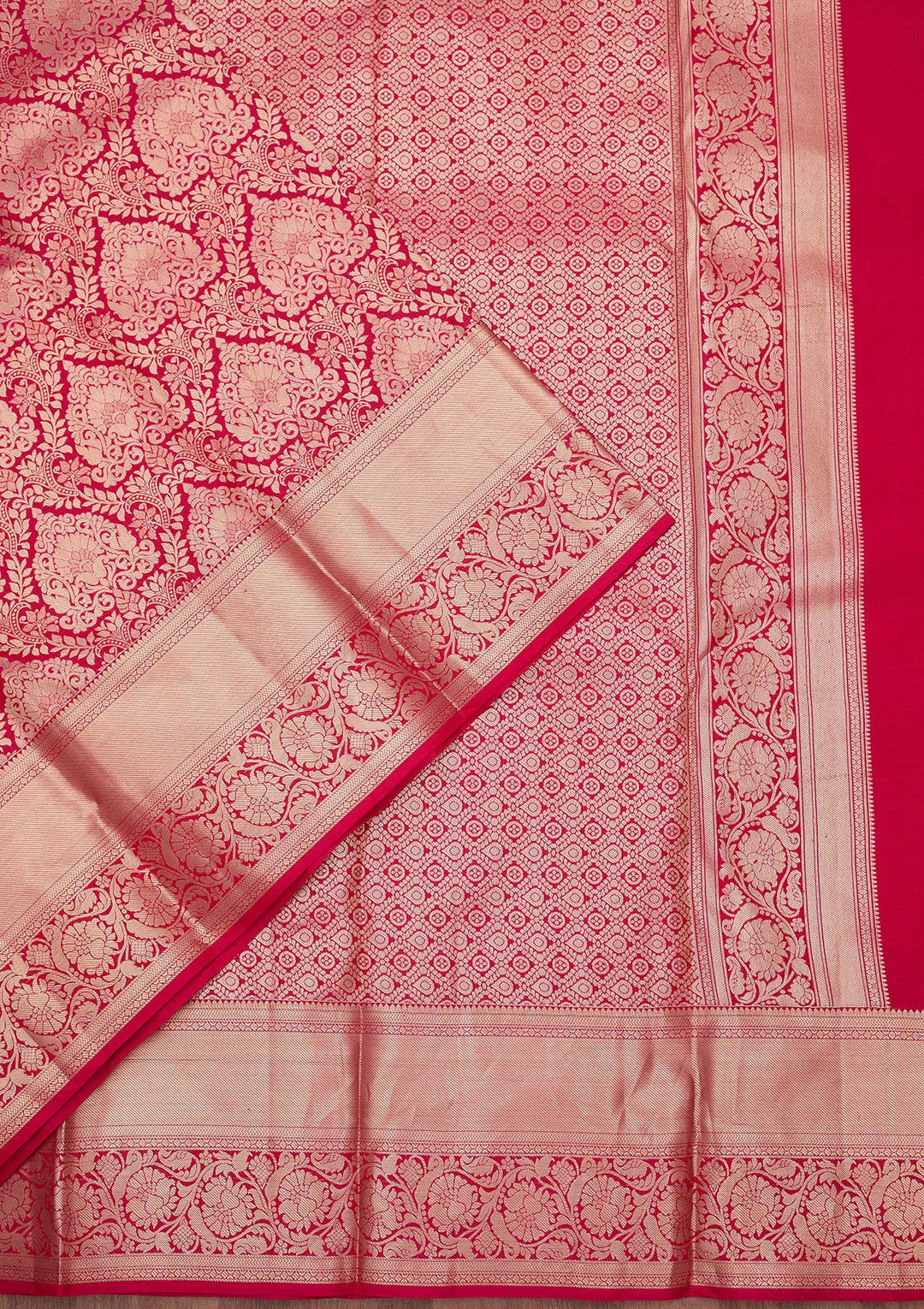 Rani Pink Pure Silk Jaal Gold Zariwork Saree With Matching Blouse Piece