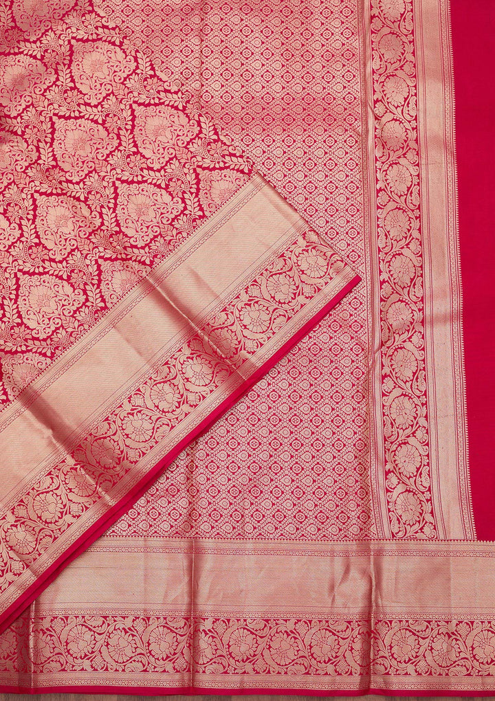 Rani Pink Pure Silk Jaal Gold Zariwork Saree With Matching Blouse Piece