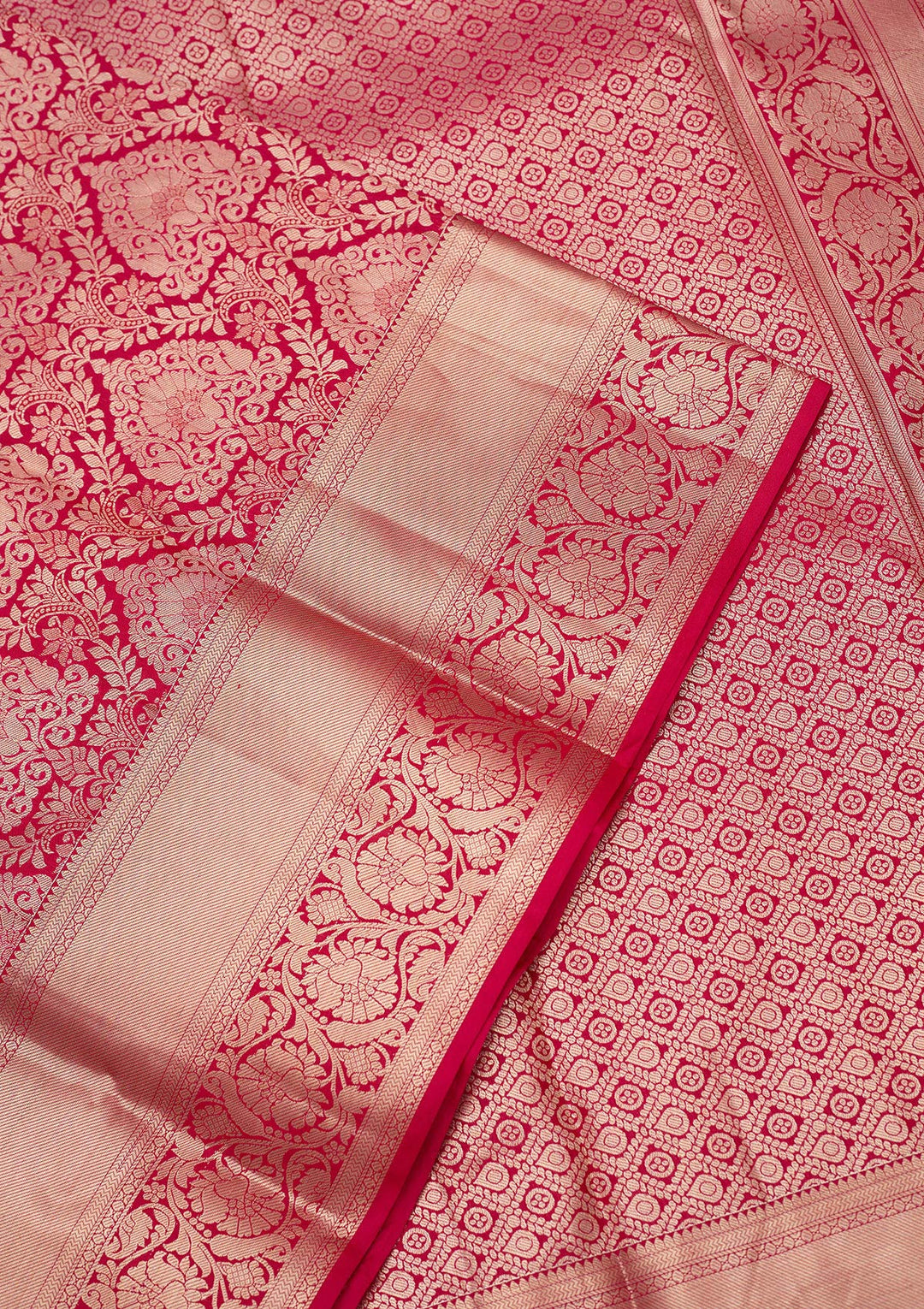 Rani Pink Pure Silk Jaal Gold Zariwork Saree With Matching Blouse Piece