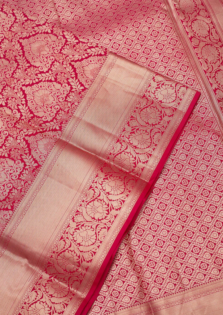 Rani Pink Pure Silk Jaal Gold Zariwork Saree With Matching Blouse Piece
