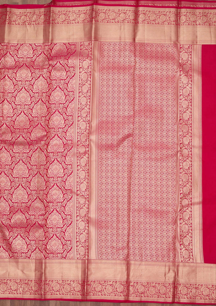 Rani Pink Pure Silk Jaal Gold Zariwork Saree With Matching Blouse Piece
