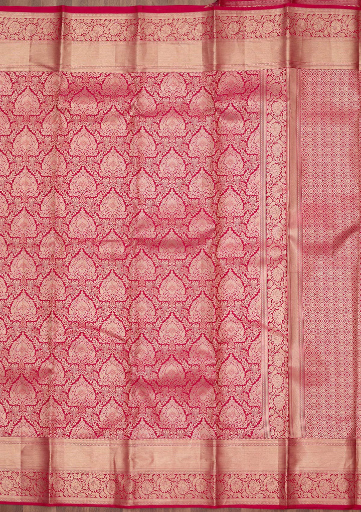Rani Pink Pure Silk Jaal Gold Zariwork Saree With Matching Blouse Piece