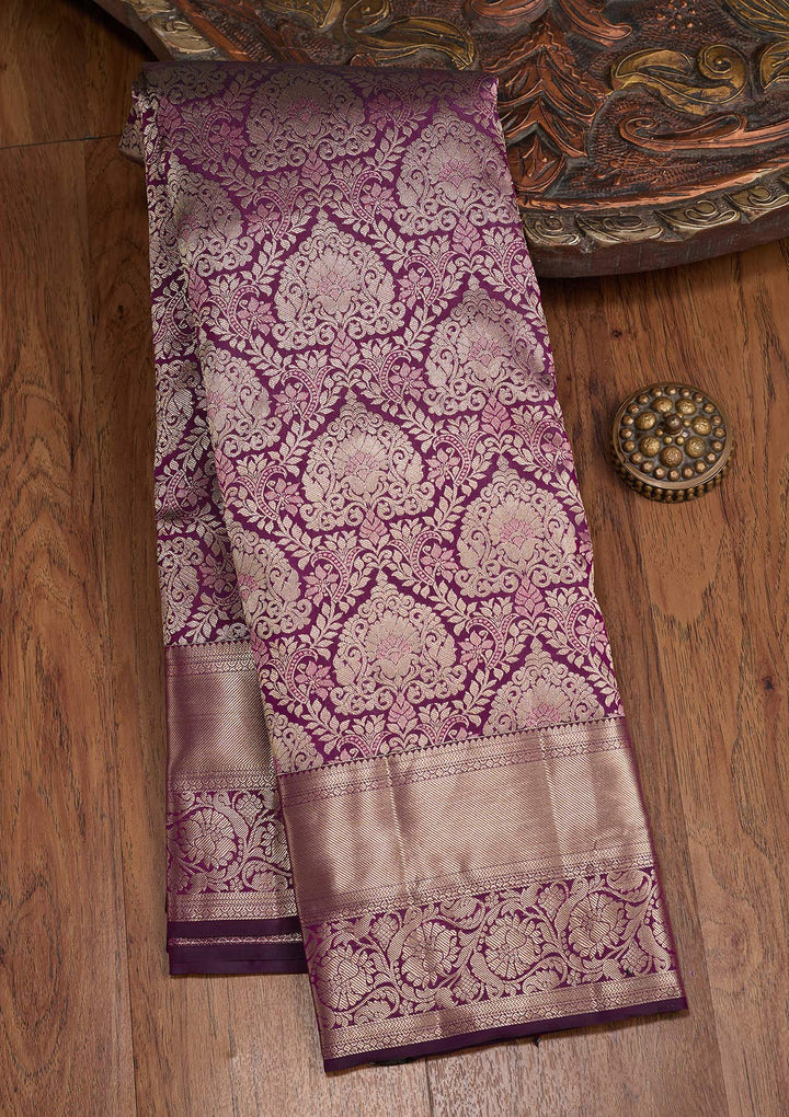 Wine Pure Silk Jaal Gold Zariwork Saree With Matching Blouse Piece