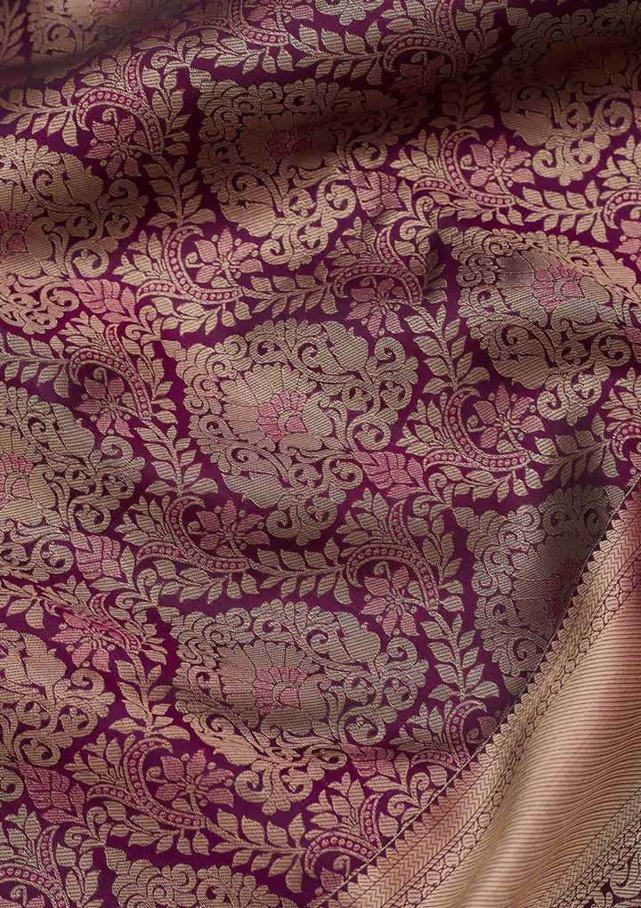 Wine Pure Silk Jaal Gold Zariwork Saree With Matching Blouse Piece