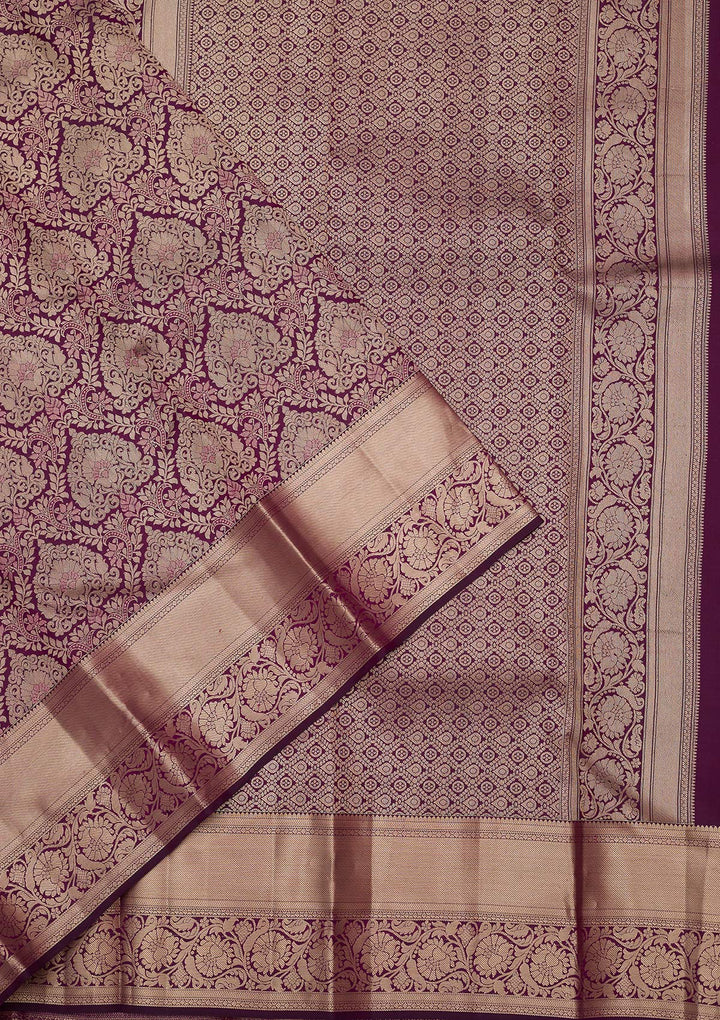 Wine Pure Silk Jaal Gold Zariwork Saree With Matching Blouse Piece